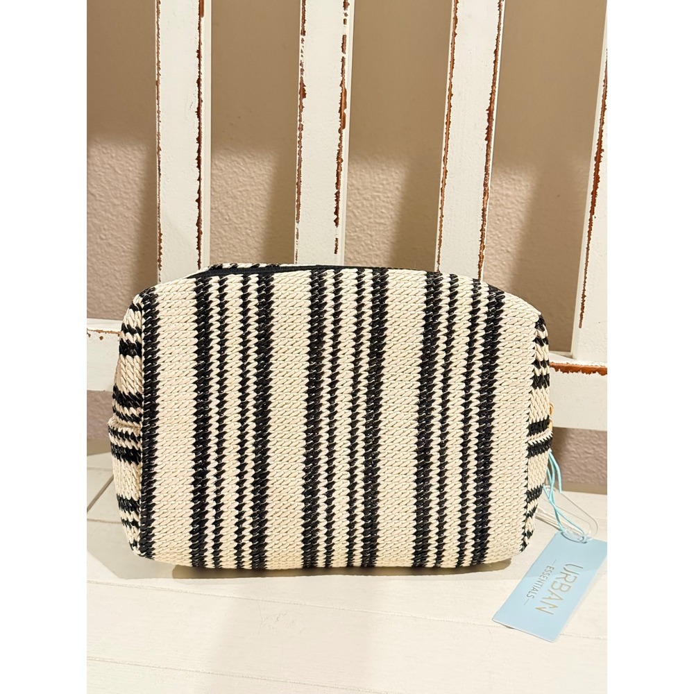 Urban Essentials Woven Striped Cosmetic Bag Black Cream Makeup Pouch NWT